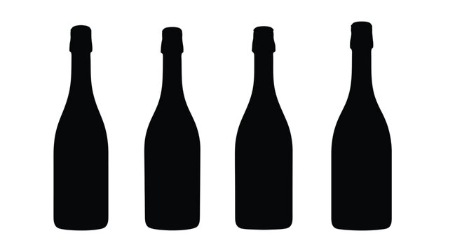 Four silhouette champagne bottles standing side by side isolated on white vector