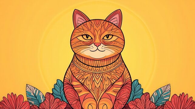 A vibrant illustration of a sitting cat surrounded by colorful flowers, set against a bright yellow background, This artwork can enhance greeting cards, wall art, or pet-related marketing materials, - Powered by Adobe