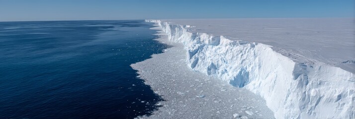 Towering glacial cliffs stretch across the horizon, dividing icy land from open sea, an awe-inspiring reminder of nature's scale and fragility