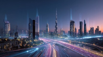 Fototapeta premium Vibrant Dubai Cityscape at Night with Light Trails and Modern Architecture, United Arab Emirates