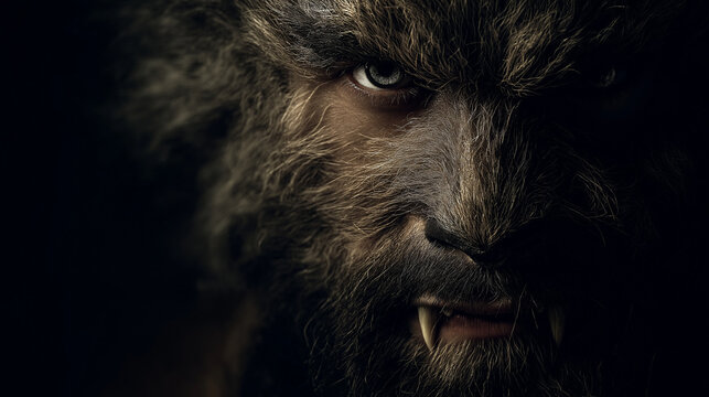 Man wearing werewolf mask. Werewolf creature with fangs staring intensely in dark atmosphere