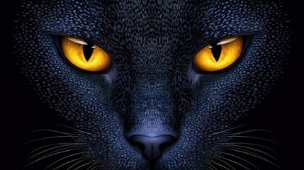 A close-up view of a black cat's face with striking yellow eyes against a dark background