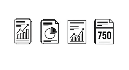Four hand drawn report icons with charts graphs and numerical data vector