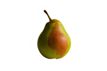 A single ripe pear with green and red hues, isolated on a transparent background, showcasing its unique shape and smooth skin