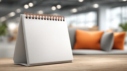 Blank Desktop Calendar Mockup on Wooden Table with Modern Blurred Background for Customization and Planning