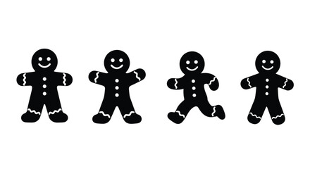 Four cheerful black gingerbread man cookies displayed in various poses with white outline detail vector