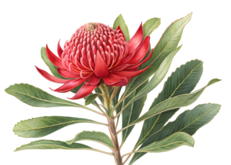 Vivid Red Waratah Flower Botanical Illustration Green Leaves Detailed Stem Isolated on Black Background isolated on a transparent background