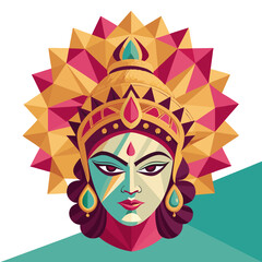 Vibrant abstract depiction of Goddess Durga's powerful and divine face with geometric sunburst halo