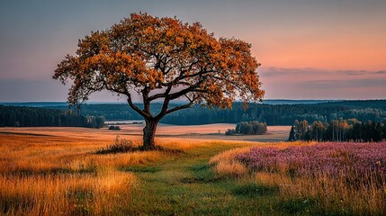 Fototapeta premium Lone tree stands in a field at sunset with colorful sky backdrop.