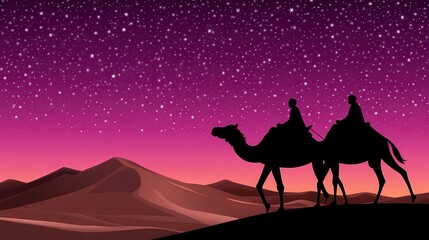 Silhouetted figures ride camels across a vast desert under a starry sky at twilight, creating a tranquil scene suitable for travel blogs, posters, or cultural promotions,