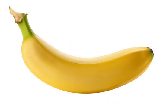 A single ripe yellow banana isolated on a transparent background, showcasing its curved shape and green stem