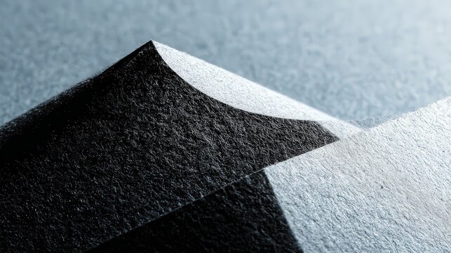 A close-up view of layered textured paper showcasing an abstract composition of black and white contrasts, ideal for design, branding