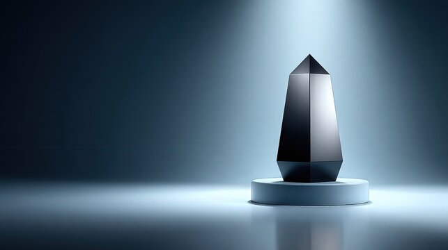 A sleek, black geometric trophy stands illuminated on a round pedestal against a soft gradient background, This image is perfect for awards, recognition ceremonies, or creative branding concepts,