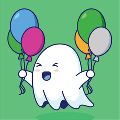 Happy Ghost Cartoon Holding Balloons Vector Cute Illustration