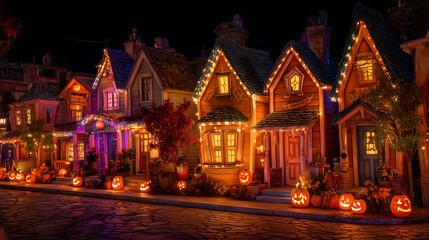Fototapeta premium Halloween Street with Glowing Pumpkins