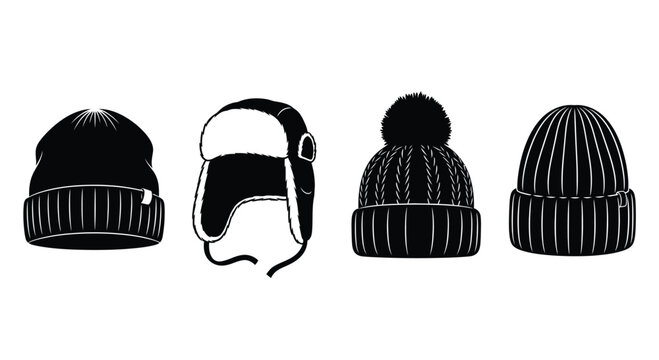Collection of four cozy winter hats for cold weather warmth and style vector