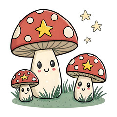 Cute kawaii mushrooms with happy faces and stars at night