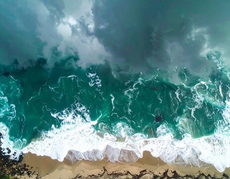 High-angle view of a stormy ocean meeting a sandy beach