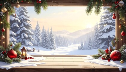 A winter wonderland view framed by a wooden structure adorned with festive Christmas decorations.