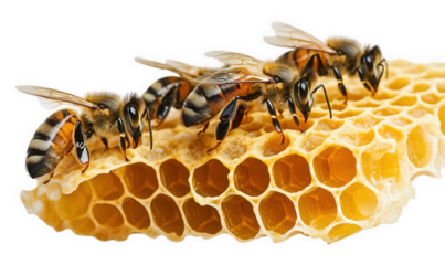 Three bees on a honeycomb isolated on transparent background