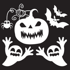 Halloween haunted house icons with ghosts. Black and white Halloween illustration featuring haunted house, spooky ghosts, black cats, and bat silhouette, perfect for seasonal decorations.