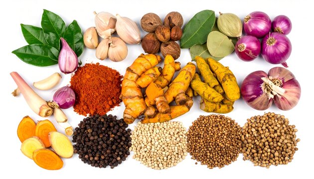 Full frame of fresh Indonesian spices isolated on white background