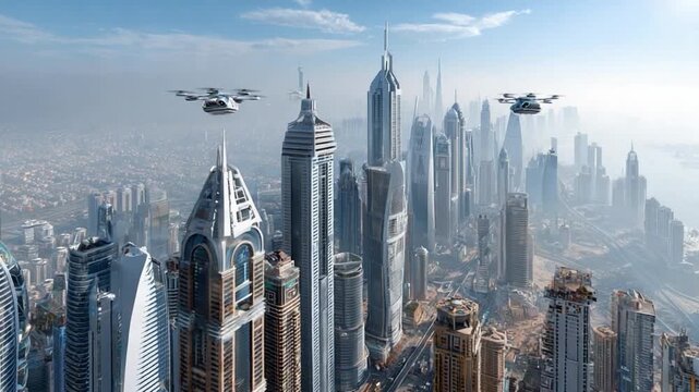 Skyline City: A futuristic cityscape with a squadron of flying vehicles soaring over the towering structures, showcasing a blend of innovation and urban advancement.