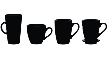 Four black ceramic coffee mugs silhouettes with handles on a white studio background vector