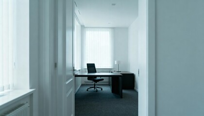 Minimalist Office Interior Featuring Desk, Chair, and Natural Light, Ideal for Modern Workspace Concepts and Design