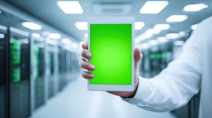 Server Room Technician Holding Tablet with Green Screen for Data Monitoring and System Administration