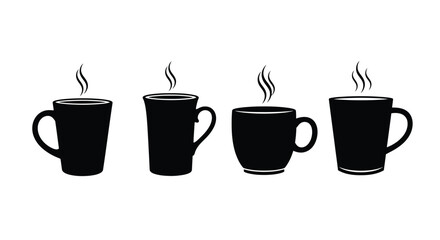 Four black coffee mugs with steam rising clearly depicted in a simple composition vector
