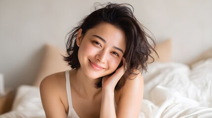 Naklejka premium Smiling young japanese woman with natural beauty relaxing on the bed in the morning. Perfect for lifestyle, wellness, skincare, and self-care concepts in advertising, editorial, or promotional use.