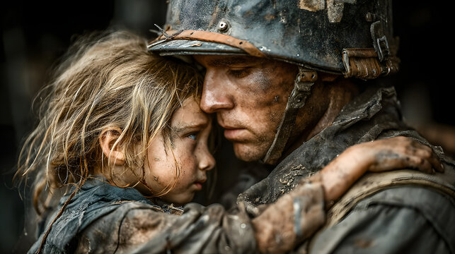 portrait of a man in a camouflage uniform hugging a child