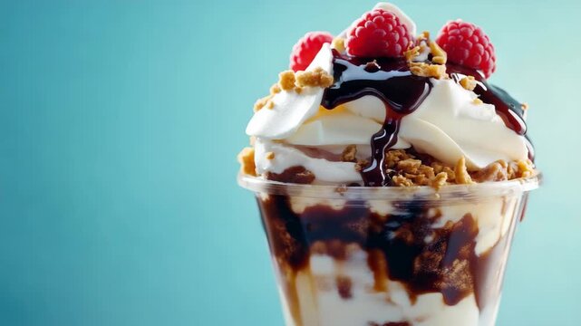 Creamy vanilla sundae topped with raspberries, chocolate syrup, and crunchy nuts