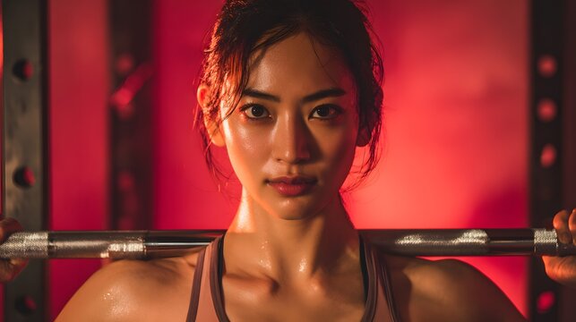 Focused young japanese woman lifting a barbell in the gym with dramatic red lighting. Perfect for fitness, strength training, motivation, determination, athletic lifestyle,