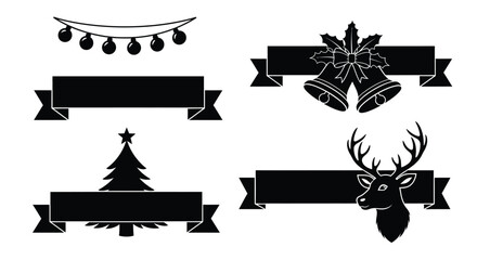 Festive christmas ribbon designs featuring bells tree reindeer and garland for holiday celebrations vector