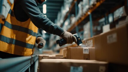 Warehouse Worker Scanning a Package: A diligent warehouse worker meticulously scans a package barcode within the structured environment of a bustling warehouse. - Powered by Adobe