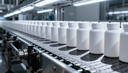 Fototapeta premium Pharmaceutical Manufacturing: White Plastic Bottles on Conveyor Belt in a Modern Production Facility