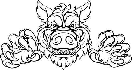 A wild boar, hog razorback warthog pig mean tough cartoon sports mascot