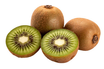 Obraz premium A group of kiwifruits, with two cut in half to show the inside, isolated on transparent background