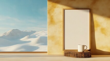 A cozy indoor setting features a blank frame against a backdrop of snow-covered mountains, illuminated by soft sunlight, Ideal for home dÃ©cor ideas, inspirational quotes, or serene winter scenes,