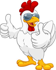 A chicken rooster cockerel bird cartoon character in cool shades or sunglasses giving a double thumbs up