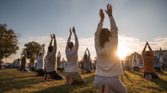 Outdoor yoga session at sunset with participants stretching and practicing mindfulness in a serene park setting