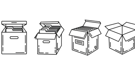 Collection of hand drawn cardboard boxes showing different stages of opening and packing for shipping vector