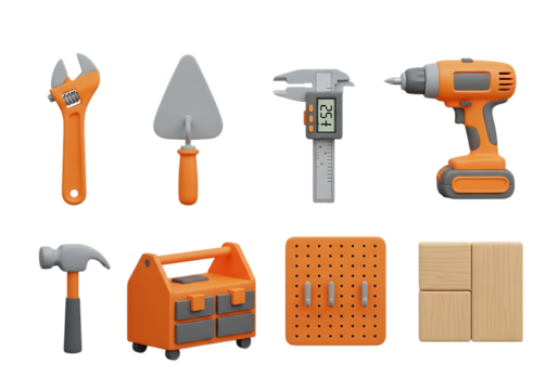 3d icon of collection of 3d isometric icons representing construction and diy tools, isolated on transparent background