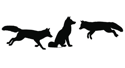 Three silhouettes of foxes in dynamic poses running sitting and leaping animal wildlife vector