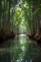 Obraz premium Illustration Mysterious Forest River with Sunlight Reflection