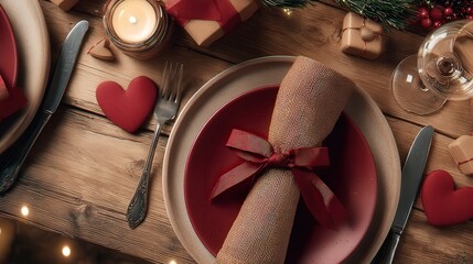 Elegant dinner setting with red plates, napkins wrapped in burlap, and decor, ideal for romantic occasions and holiday celebrations, showcasing a warm, inviting atmosphere for festive dining events,