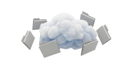 Cloud Computing Cloud with Multiple Open Folders Floating Around in White Background