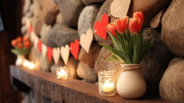 A cozy mantelpiece adorned with a vase of tulips and decorative hearts, creating a warm ambiance, Ideal for Valentine's Day promotions, home decor projects, or romantic event invitations,